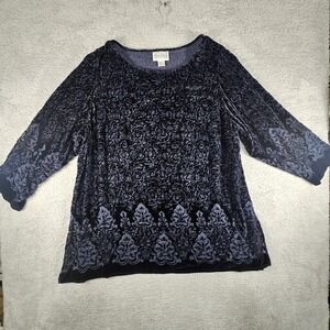 Diane Von Furstenberg Top Womens 3X Silk Blend Floral Velvet Burnout 3/4 Sleeve